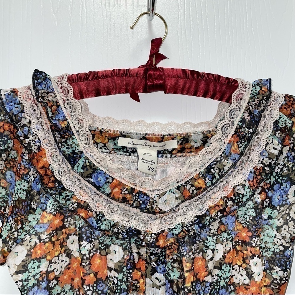 American Rag Cie Dress Mini Floral Print Lace Neckline Ruffles Fit and Flare XS - Picture 2 of 11